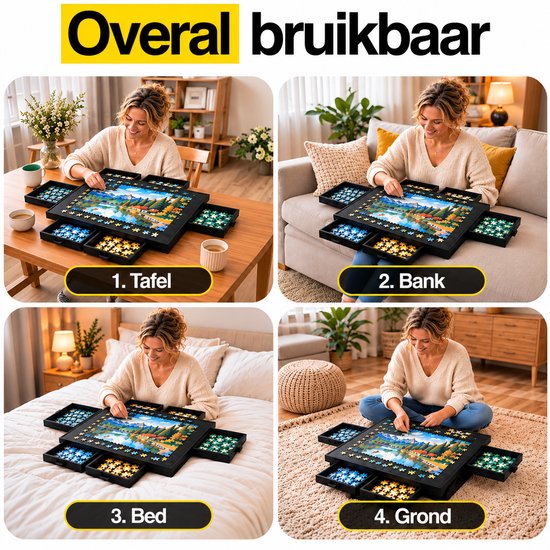 Puzzeltafel overal bruikbaar: op tafel, bank, bed en grond.