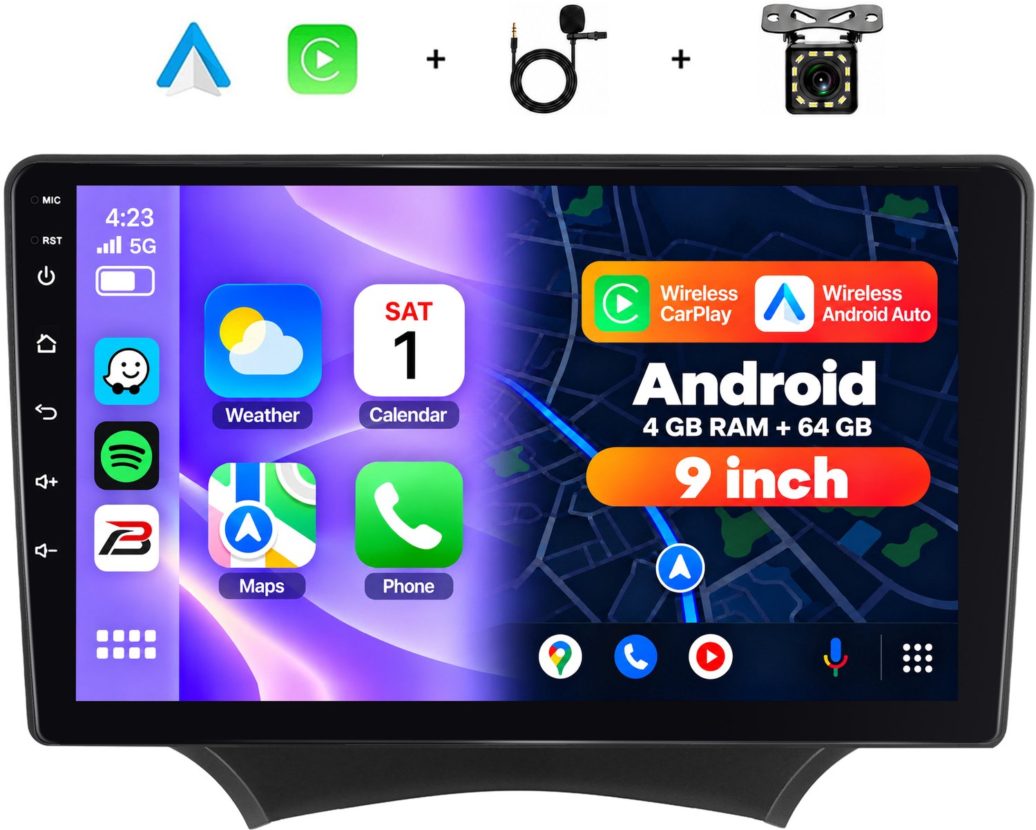 Boscer 2 Din Autoradio - Geschikt voor Ford Ka (2008-2014) - Draadloos Apple CarPlay & Android Auto - 9 Inch HD Touchscreen - Android 15 - 4+64GB - GPS Navigatie - WiFi, Bluetooth & USB - Achteruitrijcamera & Microfoon