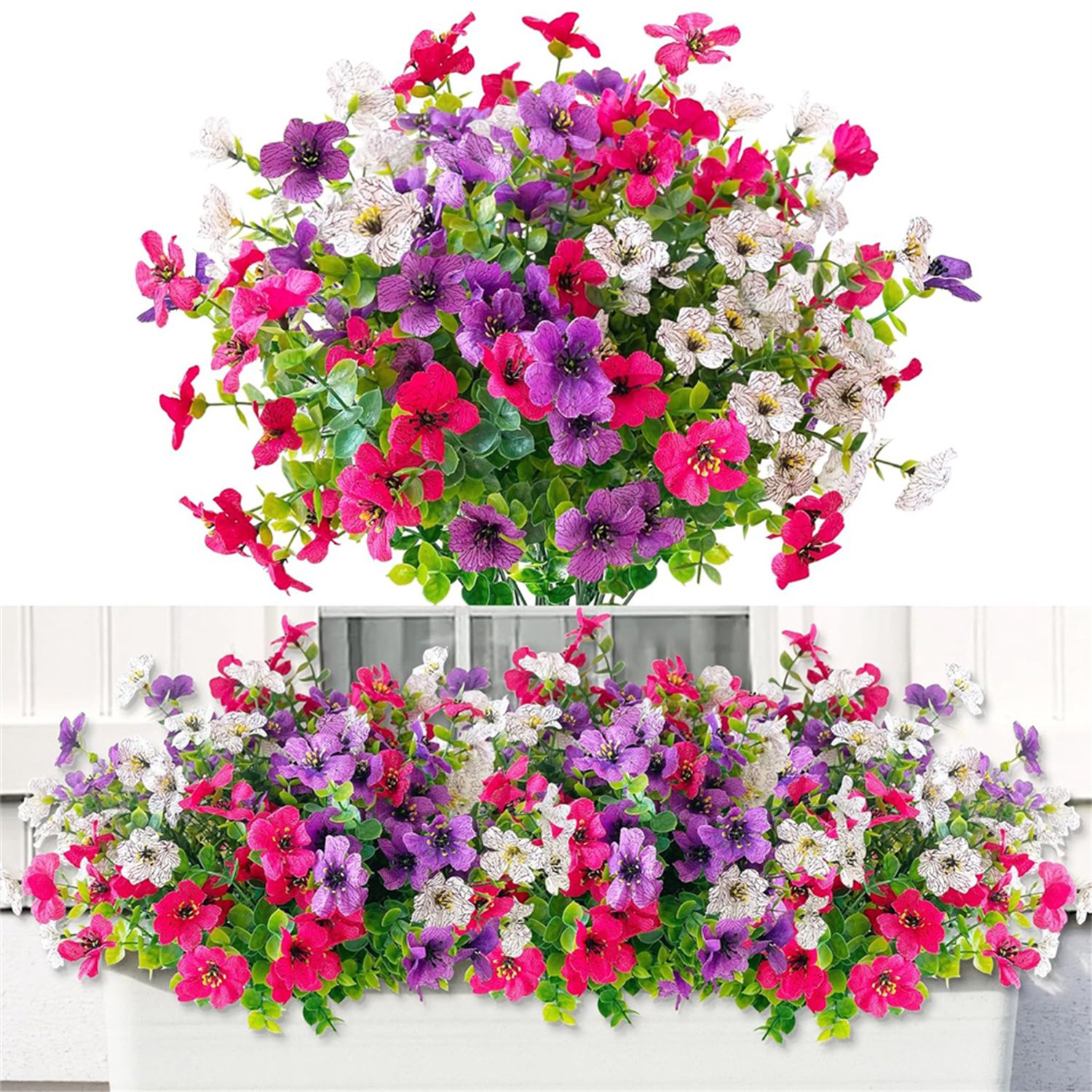 6 Bundels Kunstbloemen Voor Buiten - Kleurrijke Kunstbloemen - UV-bestendig - Kunstbloemenboeket Voor Buiten, Binnen, Tuin, Veranda, Feestdecoratie - (Wit + Roosrood + Paars)