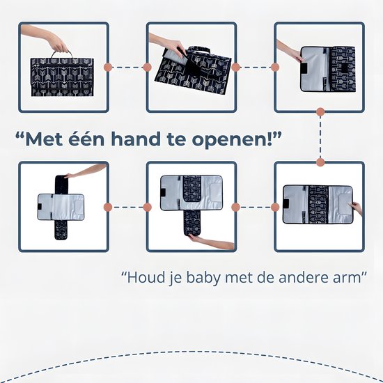 Verschoonmatje voor onderweg - opvouwbaar& Waterbestendig - eenhands te openen - 59,69 x 34,29 cm - Compact Reisverschoonmatje - Onderweg verschonen - hoofdkussen en opbergvakken - Oxfordstof - zwart-wit pijlenpatroon- Perfect Kraamcadeau — afbeelding 4