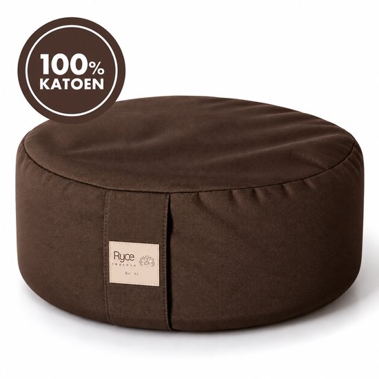 Bruin Ryce meditatiekussen van 100% katoen met logo-etiket.