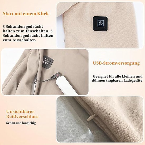 Details van de verwarmde sjaal, inclusief USB-voeding en onzichtbare ritssluiting.