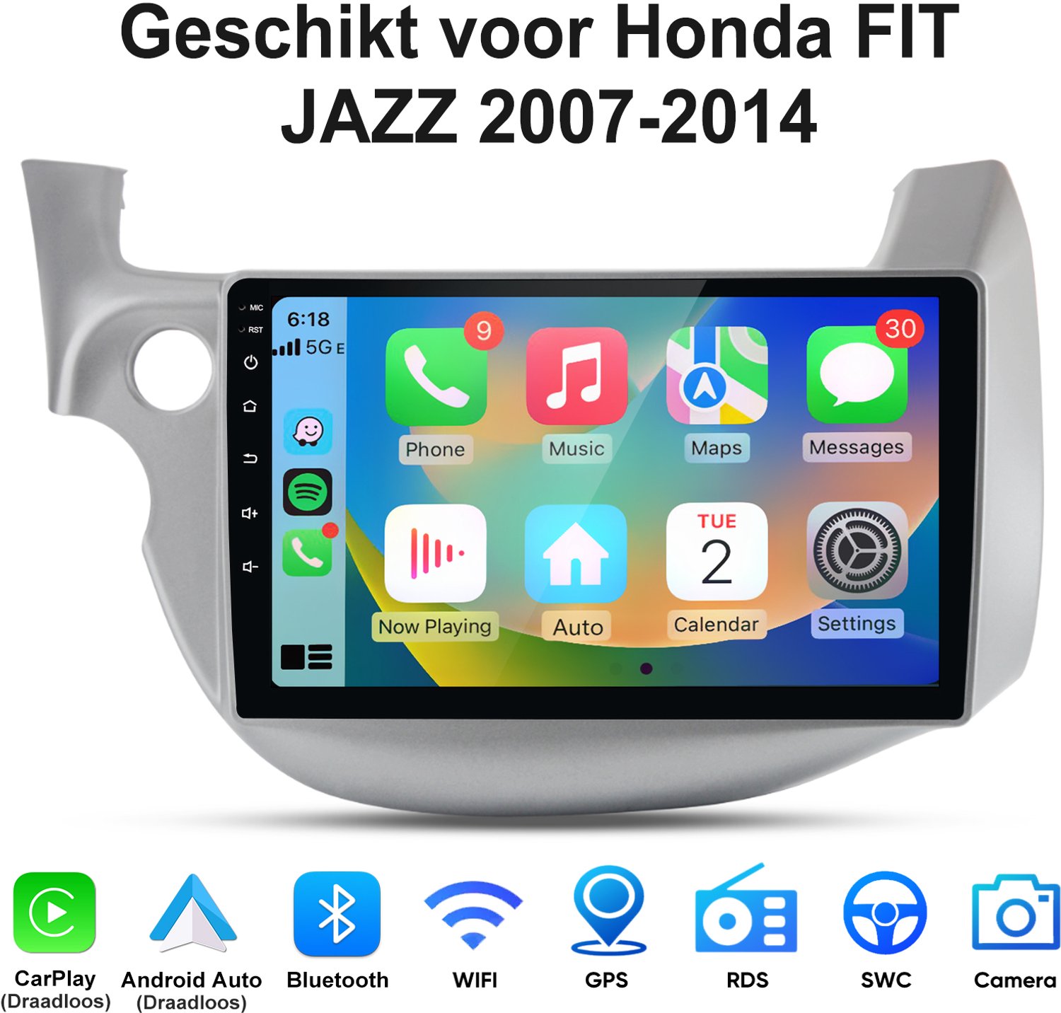 Junsun Autoradio Geschikt voor Honda FIT JAZZ 2007-2014 - Android 15 - 4GB+64GB - Draadloos Carplay & Android Auto - GPS-navigatiesysteem - Bluetooth - WiFi - Stuurwielbediening - 10-inch Touchscreen - RDS - USB