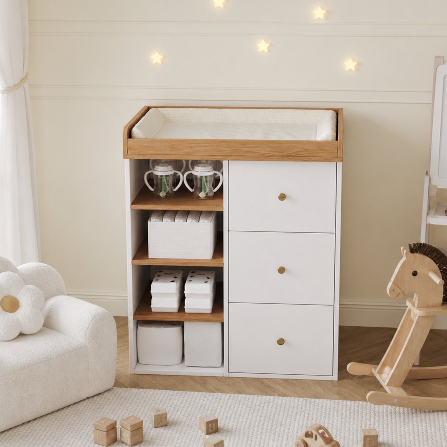 Commode baby / Verschoontafel / Baby commode 82x50x100 cm – Lades, Verschoonfunctie – voor Verschonen & Babyopslag – MDF / Naturel/Wit