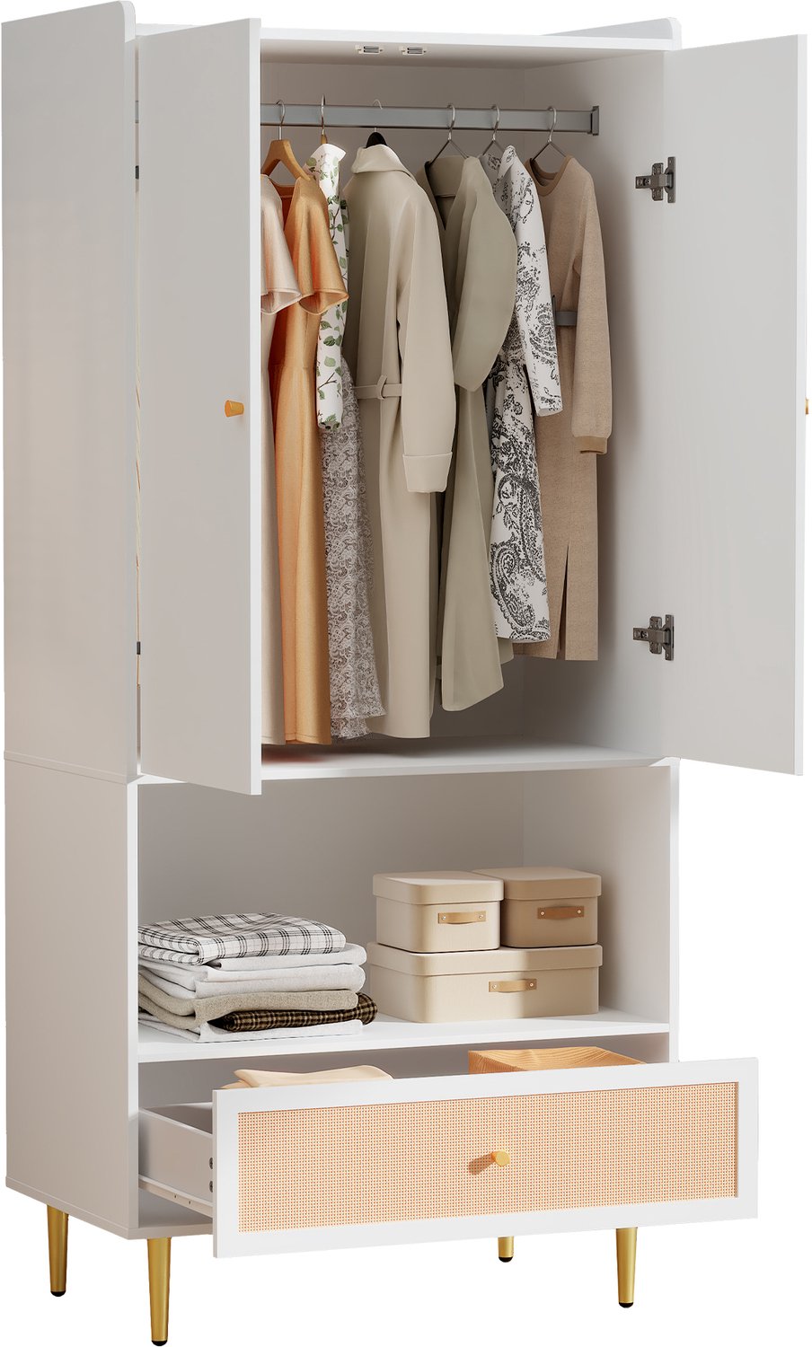 Witte Kledingkast Met 2 Deuren - 80 x 48 x 175 cm - Met Kledingroede En Open Vak - Lade Met Kunststof Rotan Front - Voor De Slaapkamer
