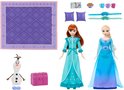 Anna en Elsa poppen, Olaf, een deken, koffers, kopjes, kussens en een slaapfeestje speelset.
