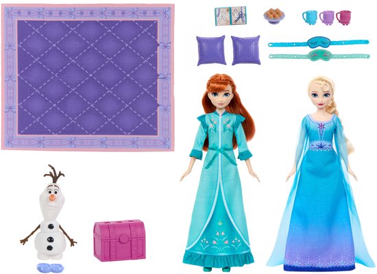 Anna en Elsa poppen, Olaf, een deken, koffers, kopjes, kussens en een slaapfeestje speelset.