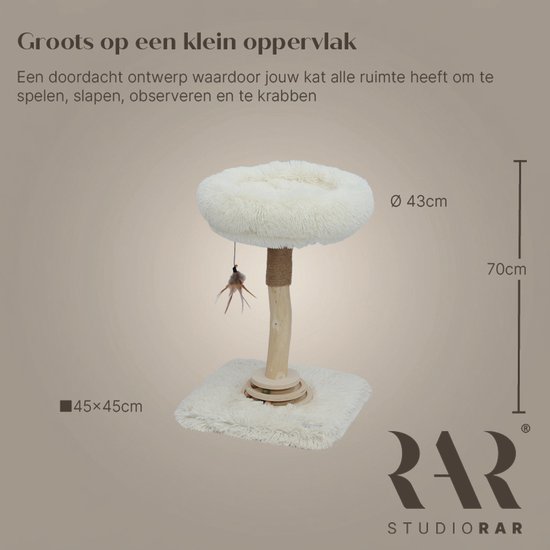 Krabpaal van perenhout met witte pluche mand, 70cm hoog, 45x45cm bodem en speelveer.