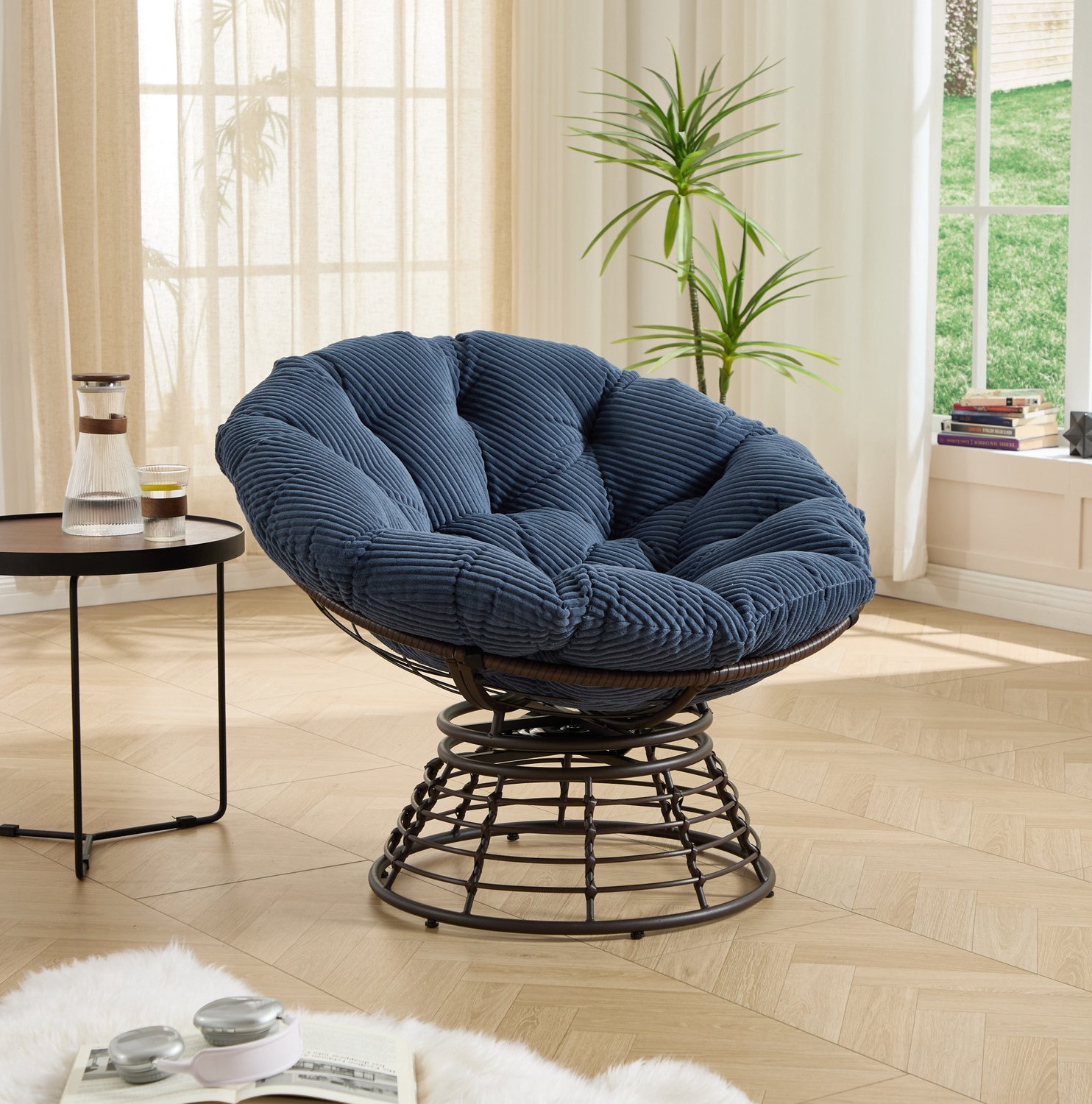 CHICFURN Fauteuil - 360 graden draaibaar - Papasan - Donkerblauw
