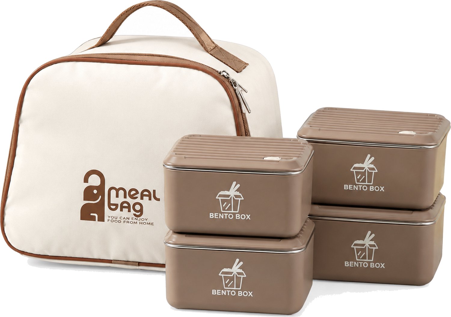 Broodtrommelset met 4 bruine roestvrijstalen lunchboxen van 600 ml, bestek en thermotas