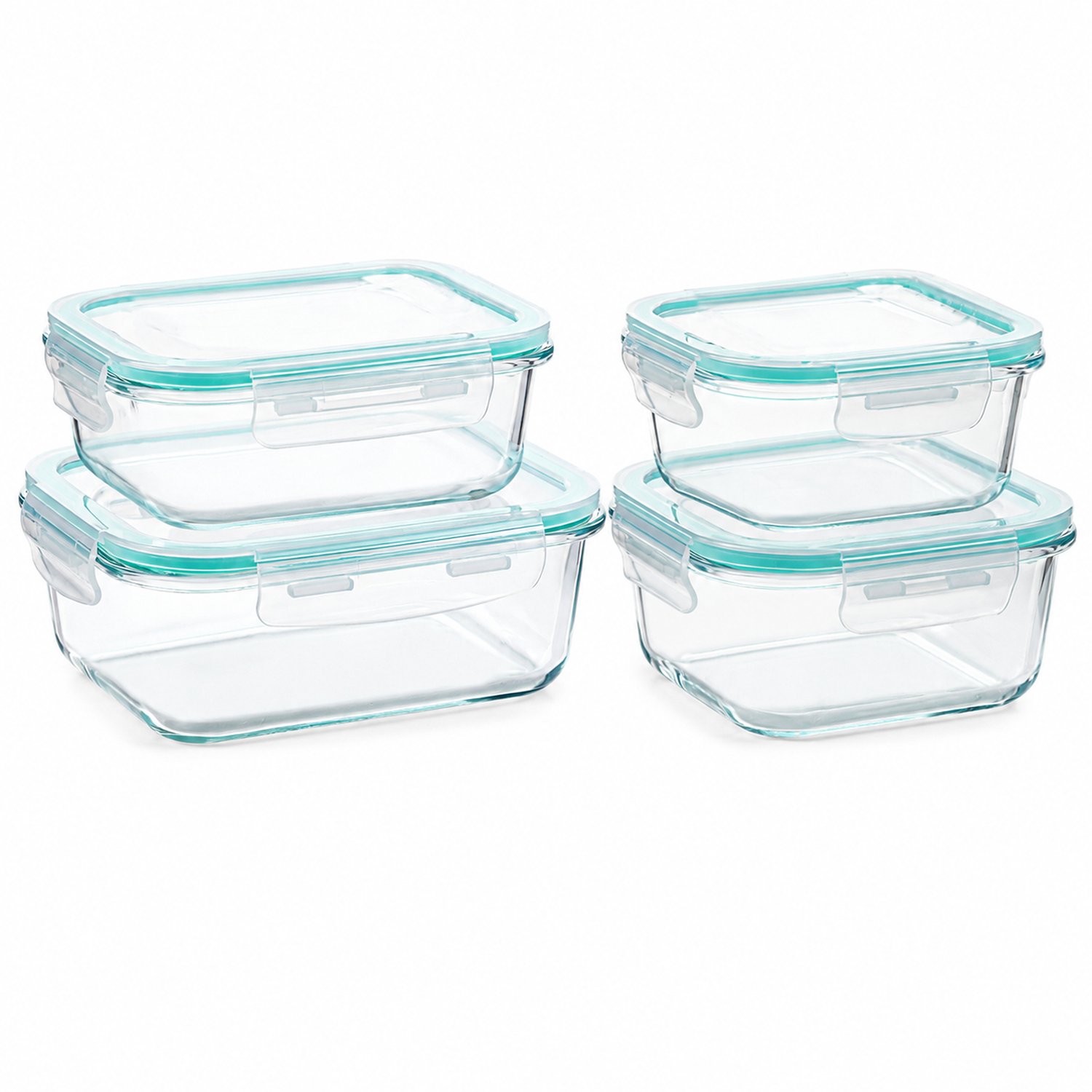 Broodtrommelset van glas, 4-delig, 520, 640, 800 en 1040 ml, met deksels en zichtbare sluitclips