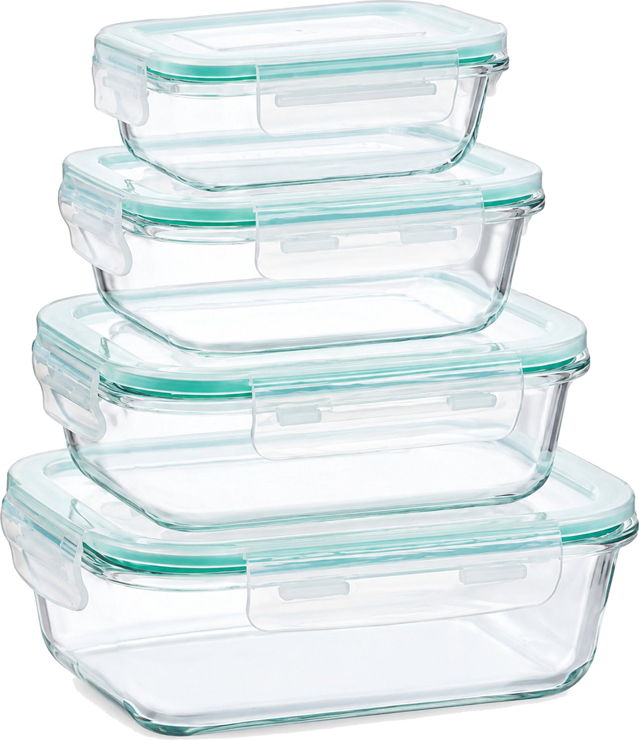Broodtrommelset van glas met 4 bewaardozen, groene deksels met clips, 200 ml, 370 ml, 640 ml en 1040 ml