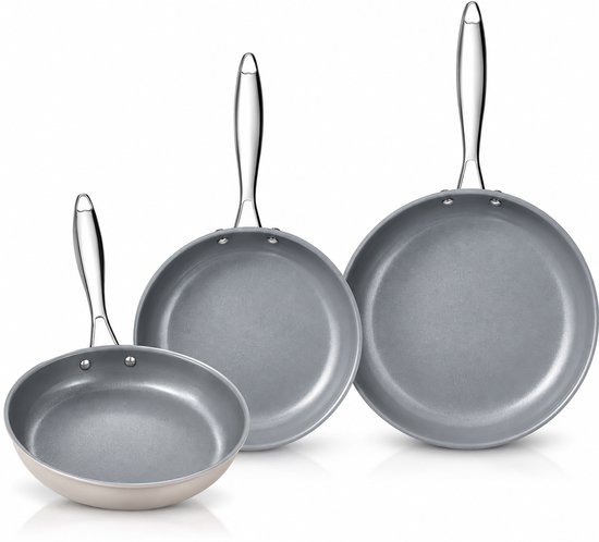 3-Delige Pannenset Inductie – Koekenpannen 20, 24 en 28 cm – Keramische Anti-aanbaklaag – PFAS-vrij – Geschikt voor Alle Warmtebronnen – Ovenbestendig – Grijs