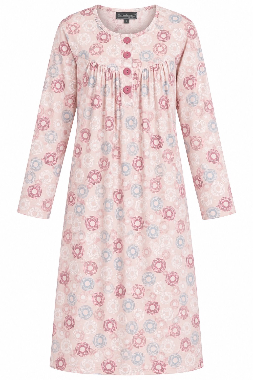 Cocodream - Klassiek nachthemd dames - Lange mouw - Roze Cirkelprint - Lang model - Maat M