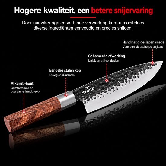 STORX Japans Koksmes – Professioneel Chefmes – 35 cm – Gehamerd RVS Lemmet – Houten Handvat – Inclusief Luxe Houten Beschermhoes – Cadeau voor Kookliefhebbers — cadeau in Kookcadeaus - foto 3