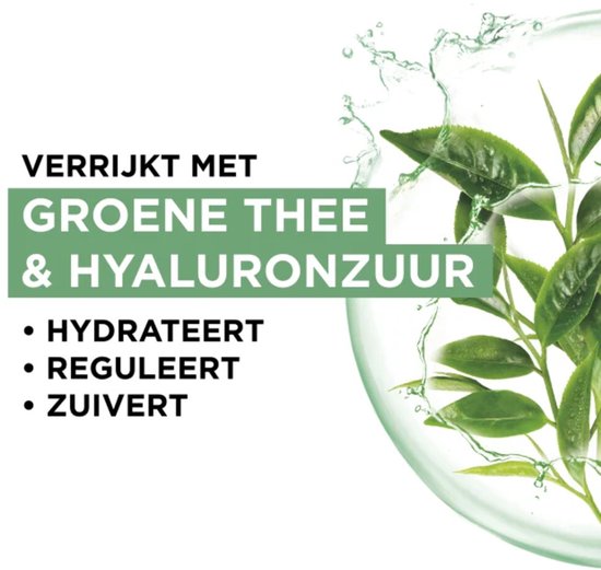 Garnier masker verrijkt met groene thee en hyaluronzuur; hydrateert, reguleert en zuivert de huid.