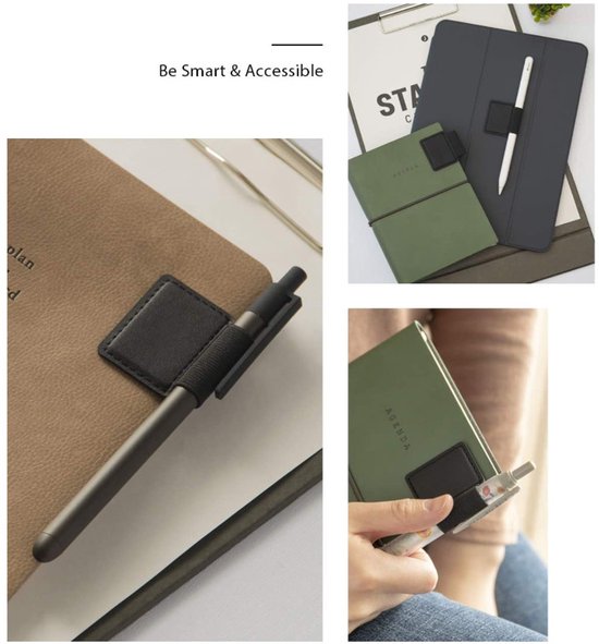 Klevende Penhouder 4-Pack Zwart– Geschikt voor Apple Pencil, dagboeken, notitieboeken, enz. – Duurzame, elastische penlus van PU-leer met zelfklevende 3M-achterzijde. — afbeelding 3