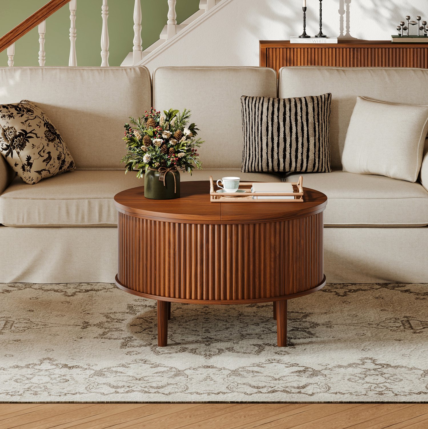 MIVRAY Salontafel - Ronde Opklapbare Tafel Met Verborgen Opbergruimte - Voor De Woonkamer - Spaanplaat - Bruin - 80 Bij 80 Bij 50 Cm