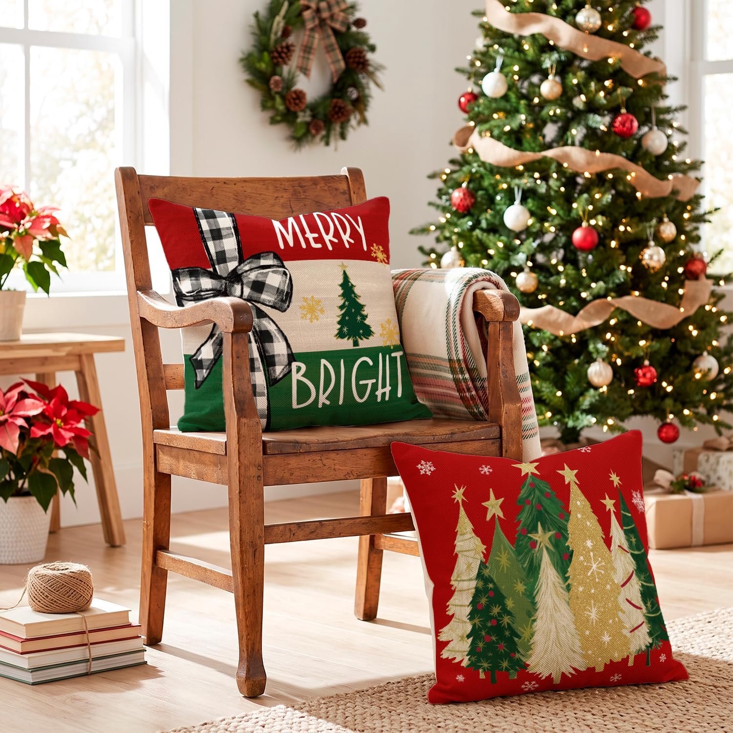 Set van 4 - Kerst kussensloop - Kussenhoes - Kerstkussenslopen - 45 x 45 cm - Kerst decoratie - Kussenhoesjes - Winter vakantie kerstdecoratie - Thuis bank kussen - Binnen decoraties - Voor decoratie Kerstmis, bank, slaapkamer - Linnen - Rood – foto 2