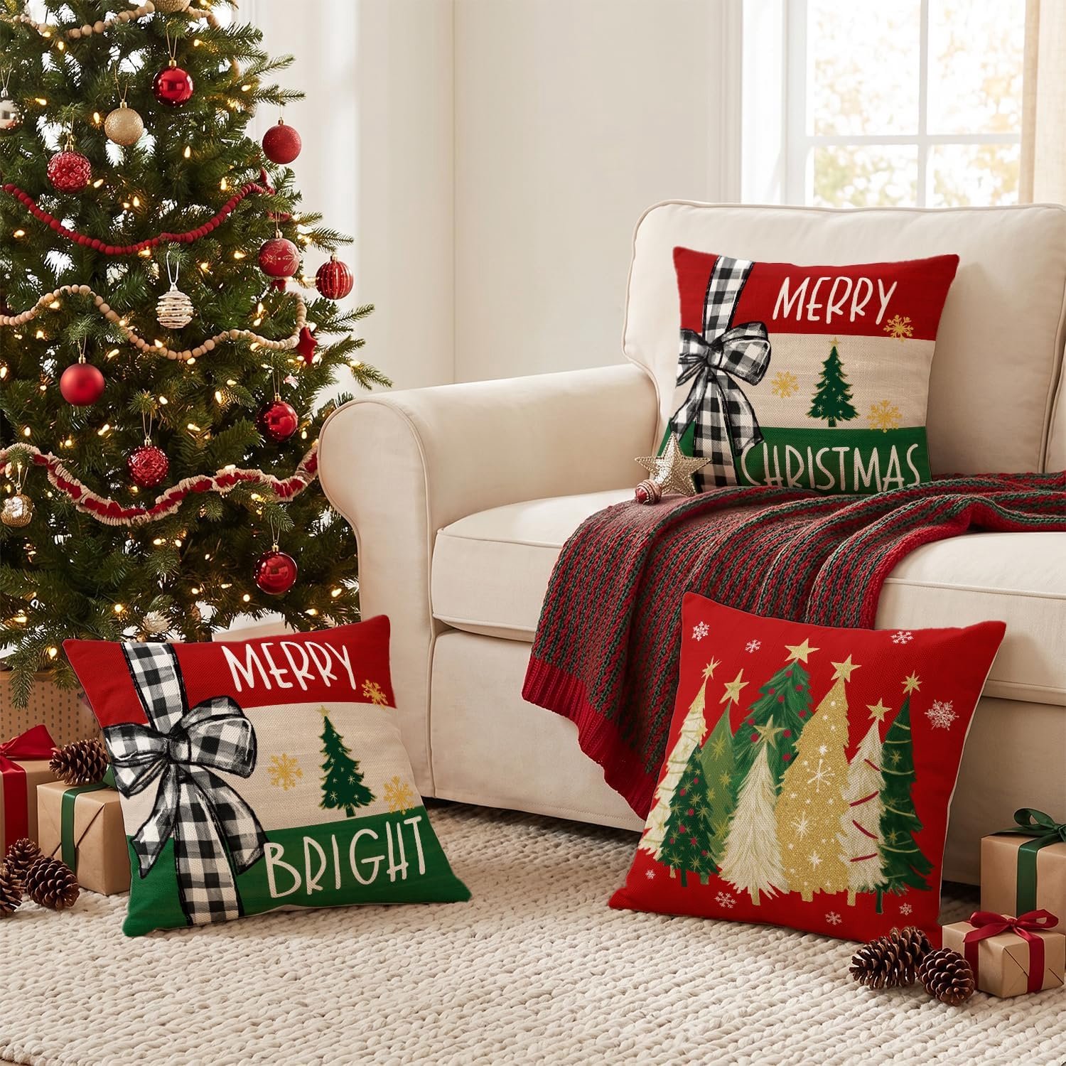 Set van 4 - Kerst kussensloop - Kussenhoes - Kerstkussenslopen - 45 x 45 cm - Kerst decoratie - Kussenhoesjes - Winter vakantie kerstdecoratie - Thuis bank kussen - Binnen decoraties - Voor decoratie Kerstmis, bank, slaapkamer - Linnen - Rood – foto 5
