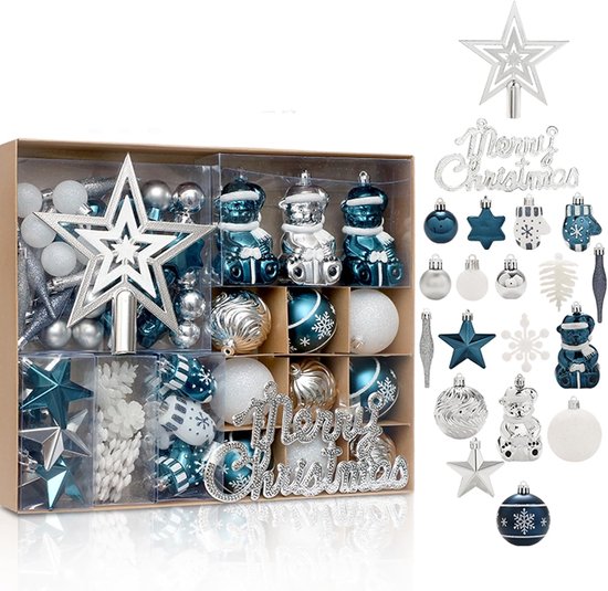 70 Stuks Kerstornamenten – 68 Kunststof Kersthangers met Merry Christmas Bord en Kerstboompiek – Breukbestendige Kerstboomversiering – Voor Huis, Feest en Kerstboom – Blauw en Zilver