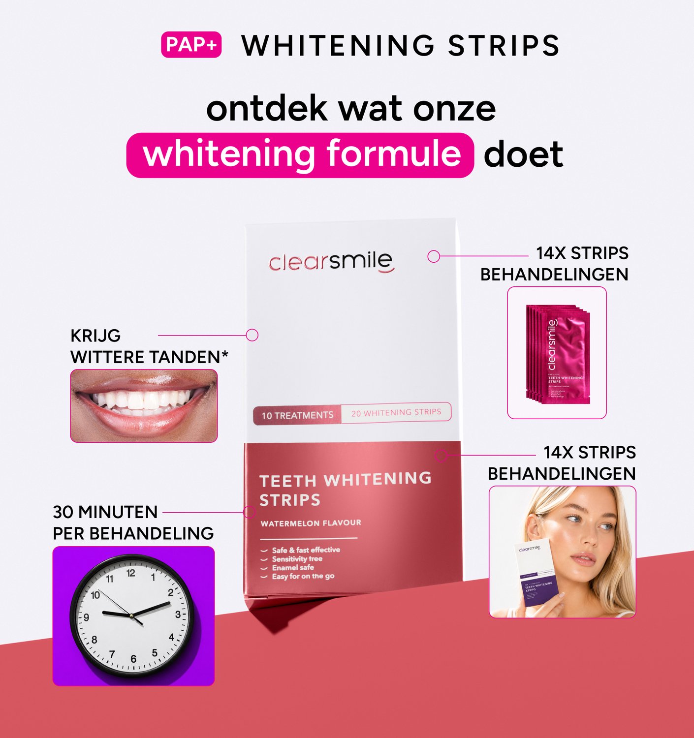 Clearsmile PAP+ Pink Whitening Strips - Watermeloensmaak - 10 Treatments