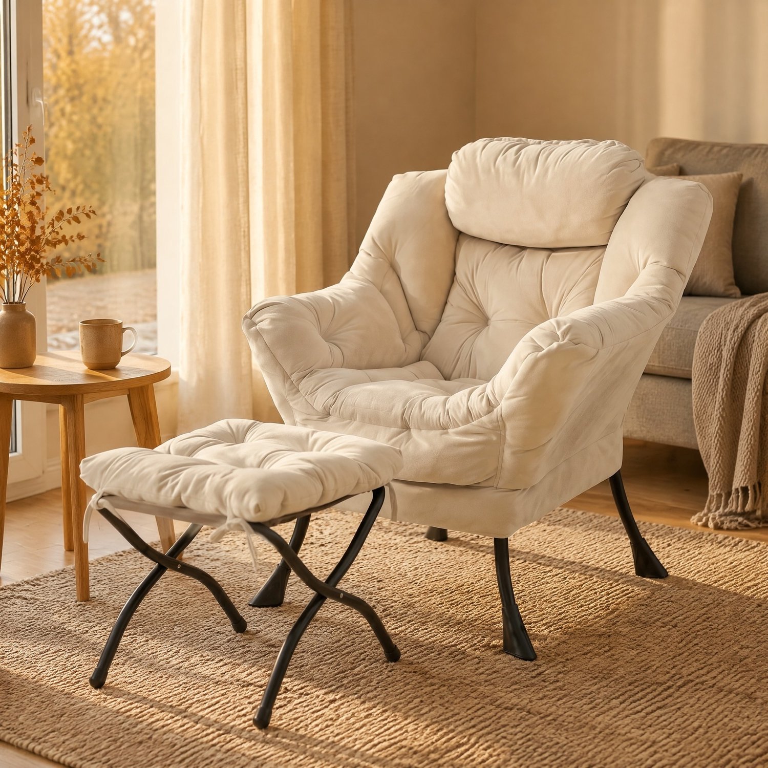 CHICFURN Fauteuil - Met hocker en zijvak - Met armleuningen - Beige
