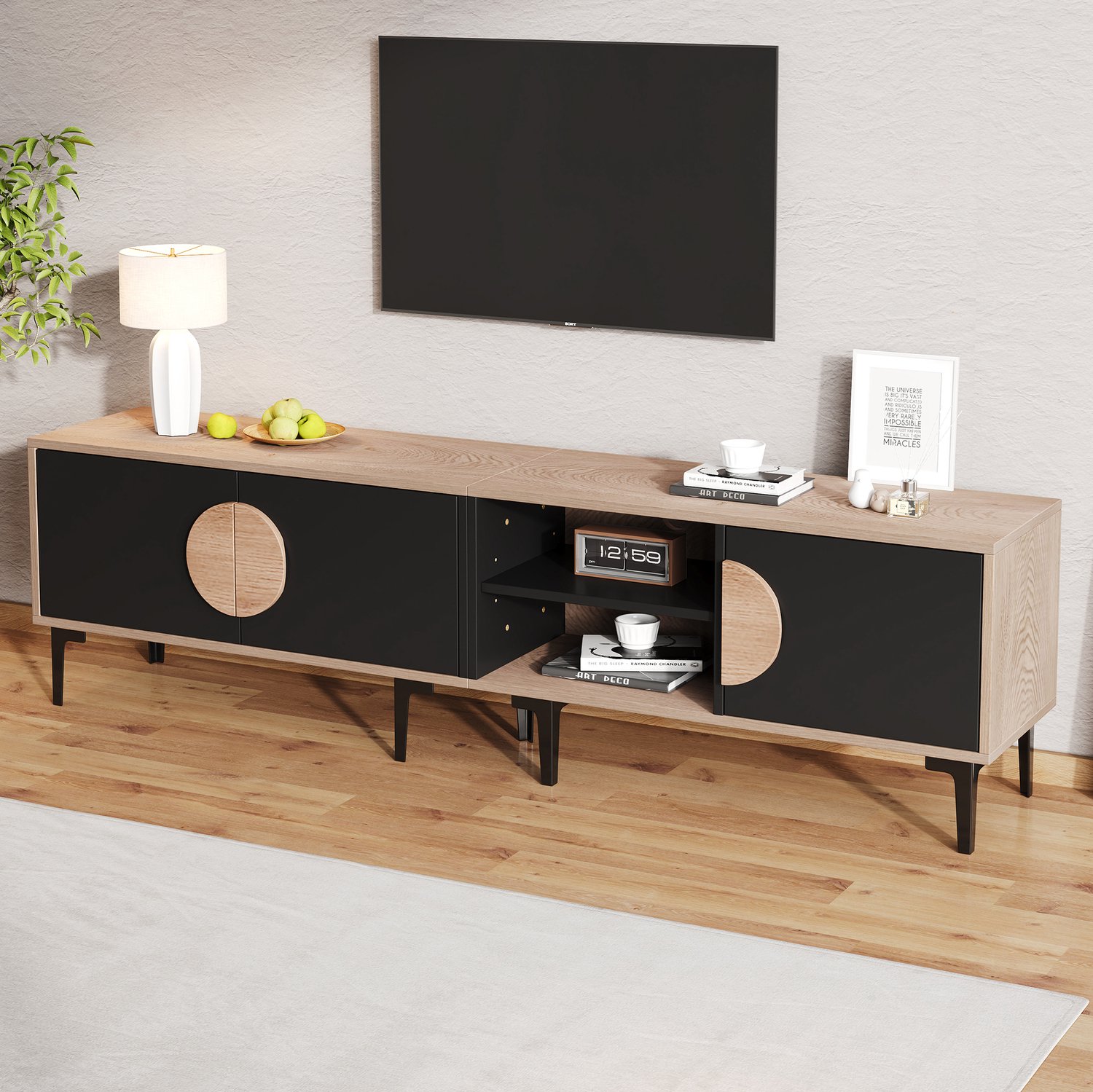 Maisentiel TV-meubel 180 x 35 x 49 cm - 3 kastdeuren en 2 open vakken - zwart/eiken