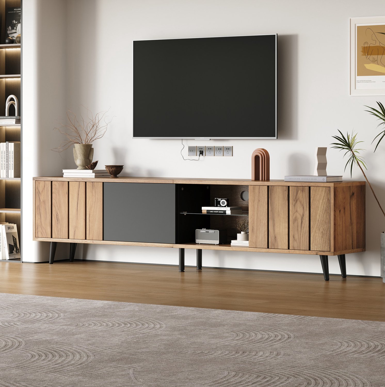 Maisentiel TV-meubel 175 cm met 3 deuren en open vak met glas - spaanplaat - naturel/zwart
