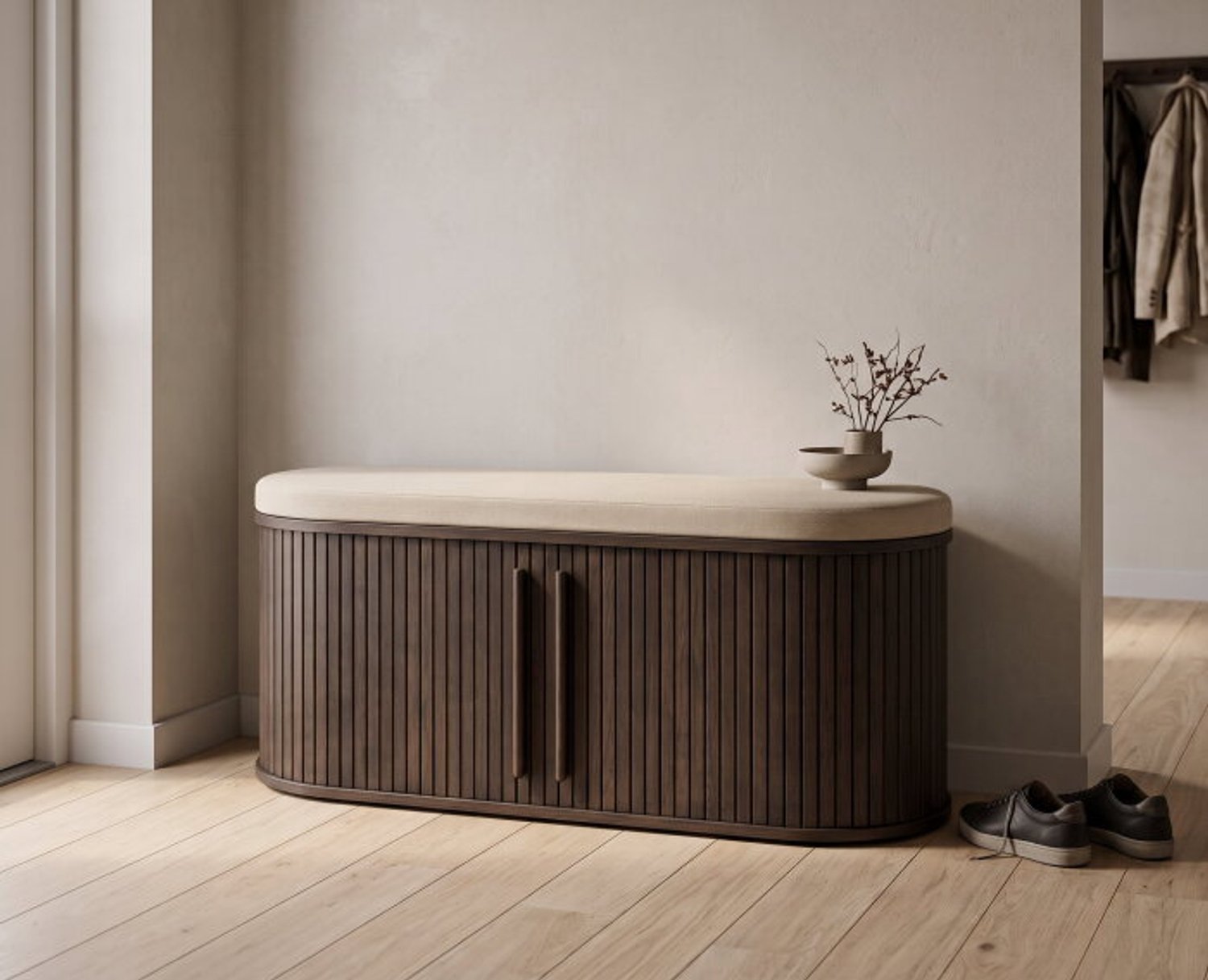 Halbank Meta Dark Espresso eiken - 120x40x53 cm - beige - japandi schoenenkast - halbankje met opbergruimte