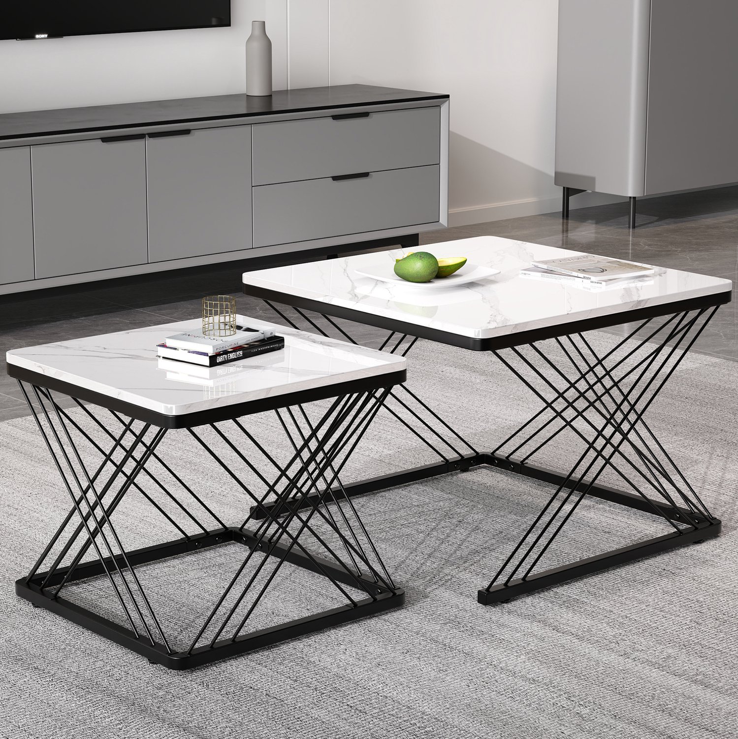 Maisentiel 2-delige salontafelset 60x60x45 en 45x45x40 cm – MDF marmerlook zwart/wit