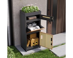 Pakketbrievenbus met plantenbak 50 x 37 x 118,5 cm - afsluitbaar staal - grijs/houtnerf