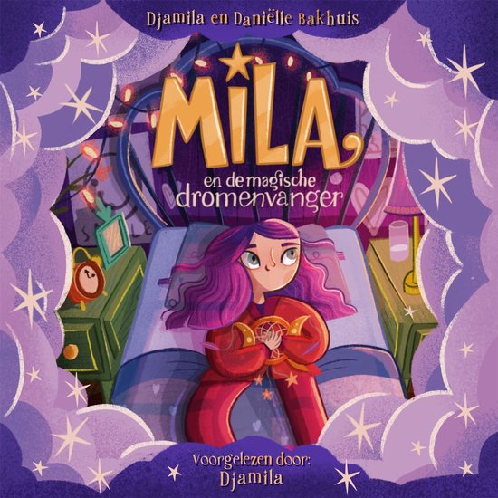 Boekomslag van Mila en de magische dromenvanger met een meisje met paars haar in bed onder sterrenwolken.
