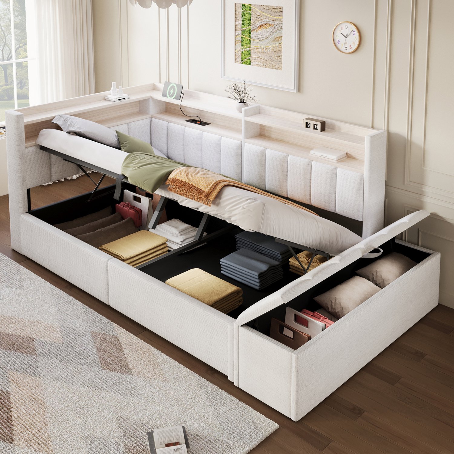 Zubaliya Gestoffeerd dagbed - 90 x 200 cm - Gebroken wit - Opbergbox, zitbank en LED