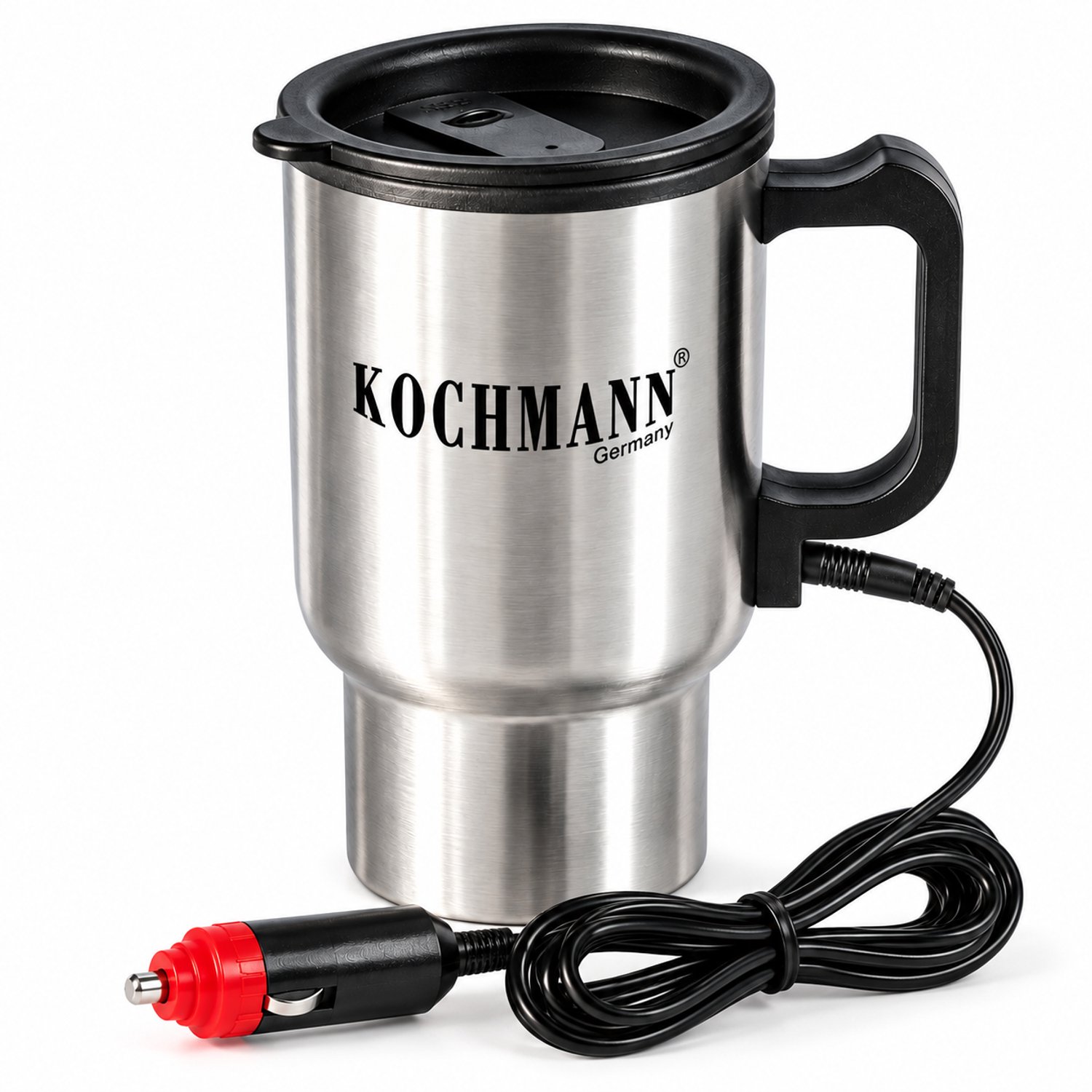 Kochmann Elektrische Thermosbeker 12V 450 ml - Verwarmde Auto Beker met Autostekker - RVS Reisbeker met Deksel en Handvat - Warmhoudbeker voor Auto, Camper en Werkbus - Koffiebeker voor Onderweg - Past in Bekerhouder - Thermosmok voor Koffie en Thee