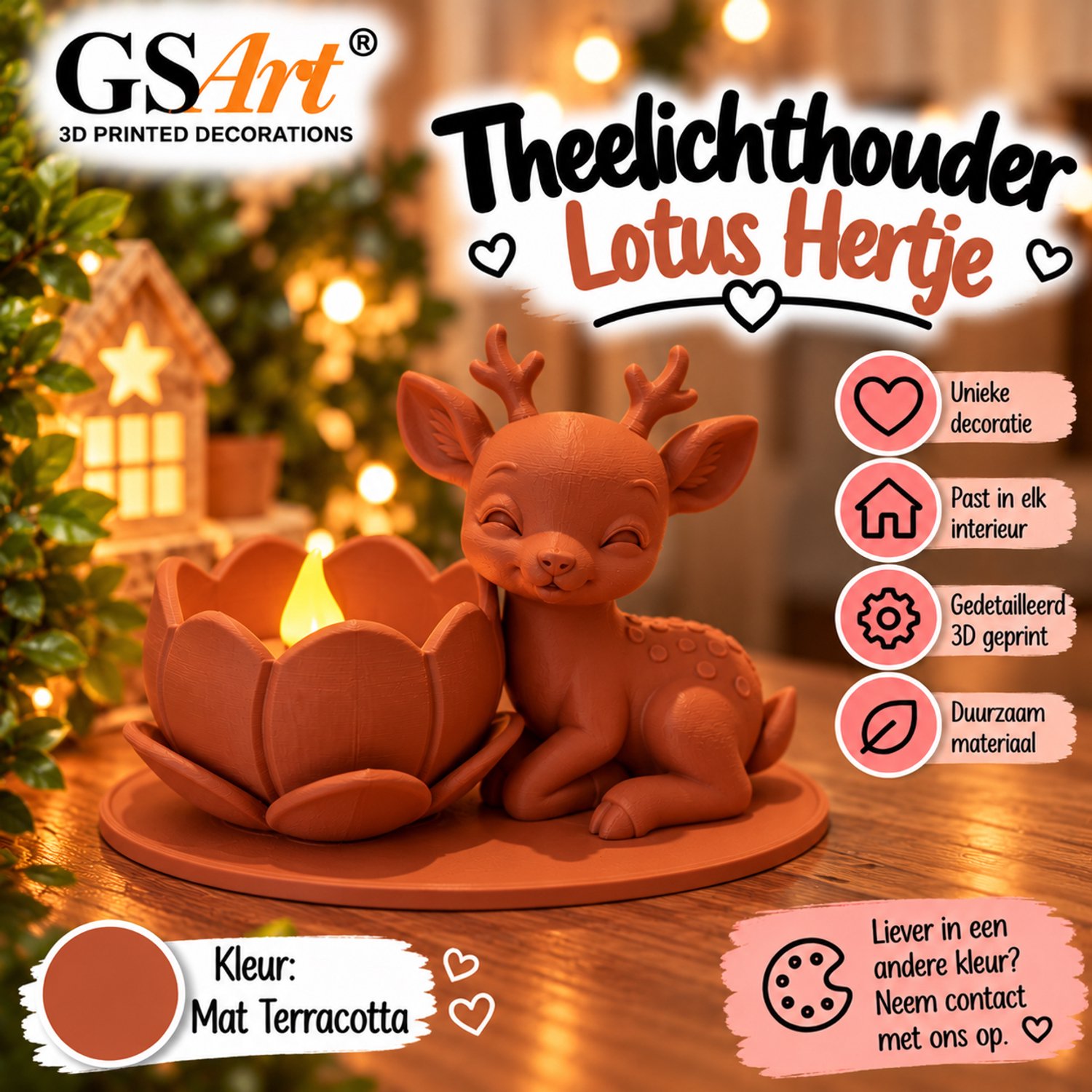 GSArt Theelichthouder Lotus Hertje – Inclusief LED Theelichtje – 3D Geprint - Mat Terracotta