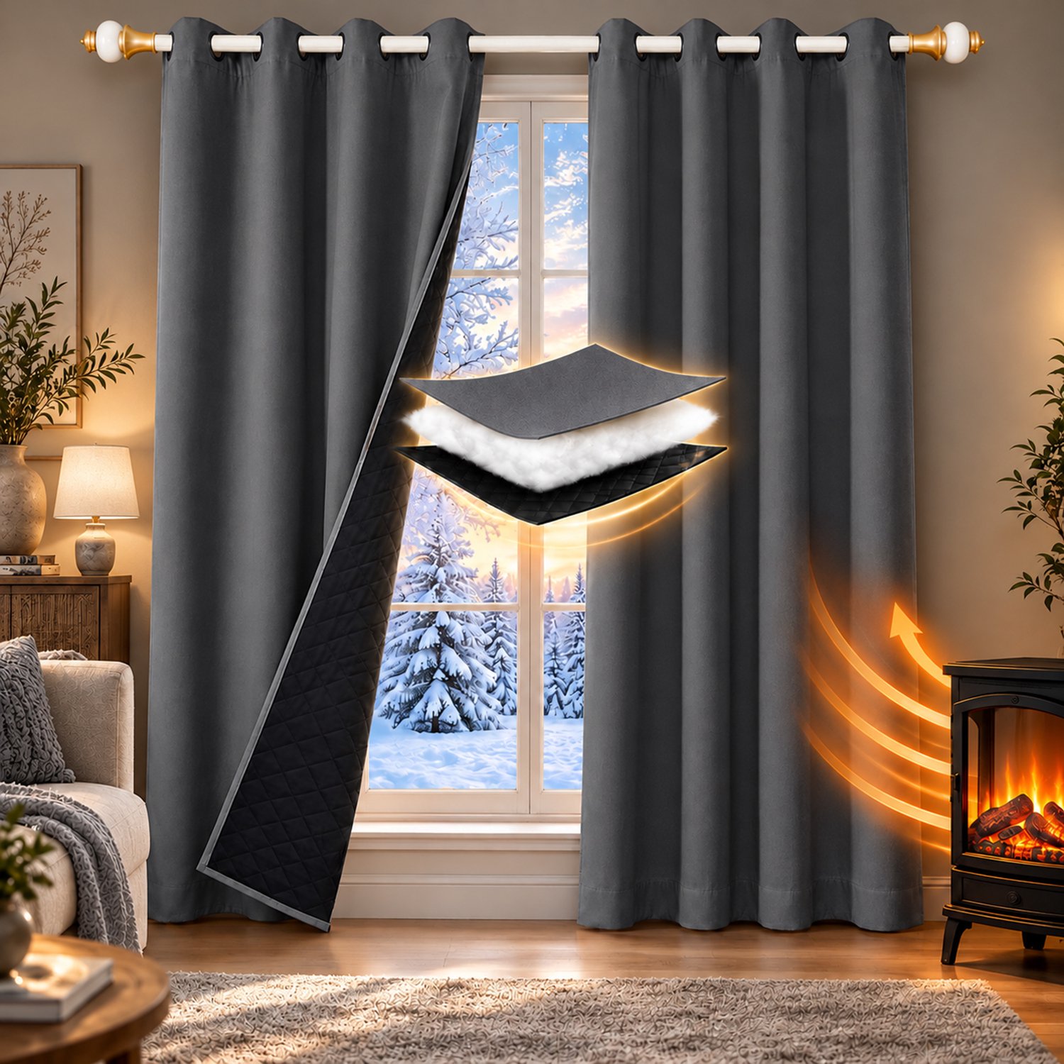 Qelus Set van 2 Gewatteerd Polyester Gordijn met Ringen - Grijs - 132 x 160 cm - 3-laags Thermisch, Geluidsdempend en Lichtwerend - Zwarte Voering - Voor de Slaapkamer, Woonkamer en Binnendeuren Grijs - 2 Stuks