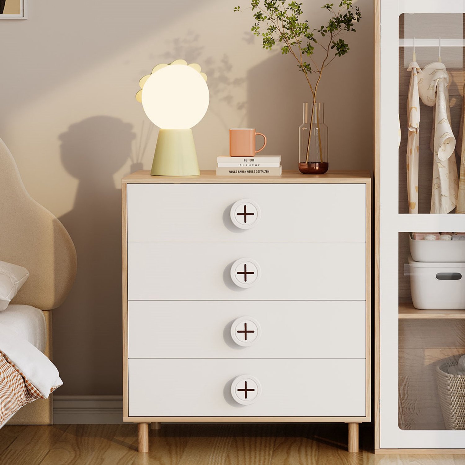 VVBV Nachtkastje / Nachtkastje met lades / Ladekast 80x54x90 cm – 4 Lades, Opbergruimte – voor Slaapkamer – MDF / Naturel/Wit