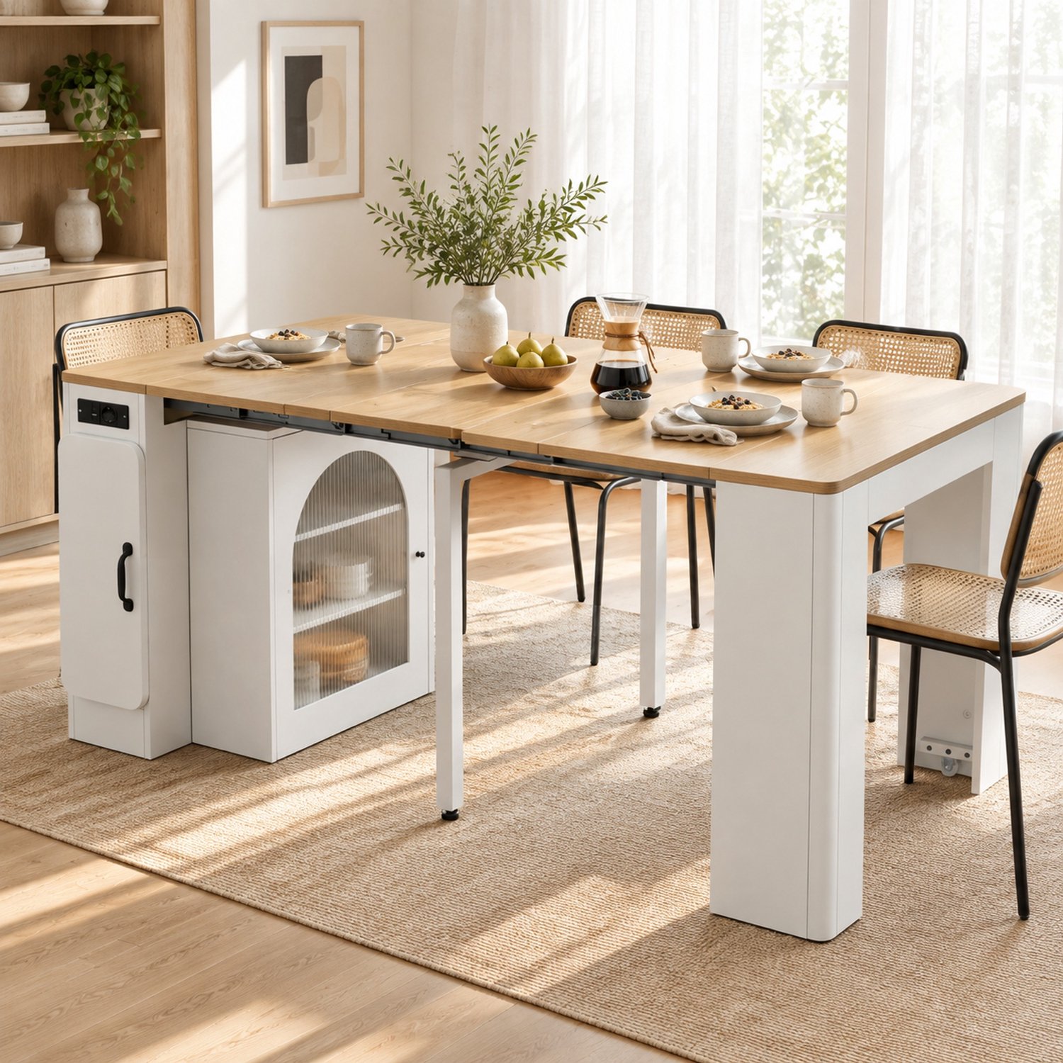 MIVRAY Keukeneiland - Uitschuifbare Eettafel Met Opbergruimte En Verlichting - Voor Keuken En Eetkamer - Wit Houtkleur