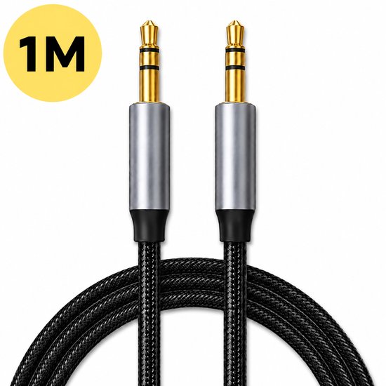 Zwarte gevlochten 1m audiokabel met gouden 3,5 mm jackaansluitingen en zilverkleurige behuizing.
