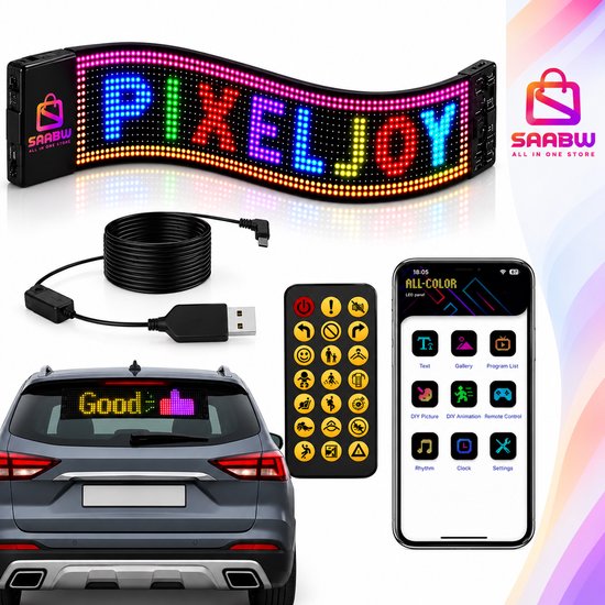 SAABW led-paneel gemonteerd in een achterruit, met app-interface, afstandsbediening en kabel.