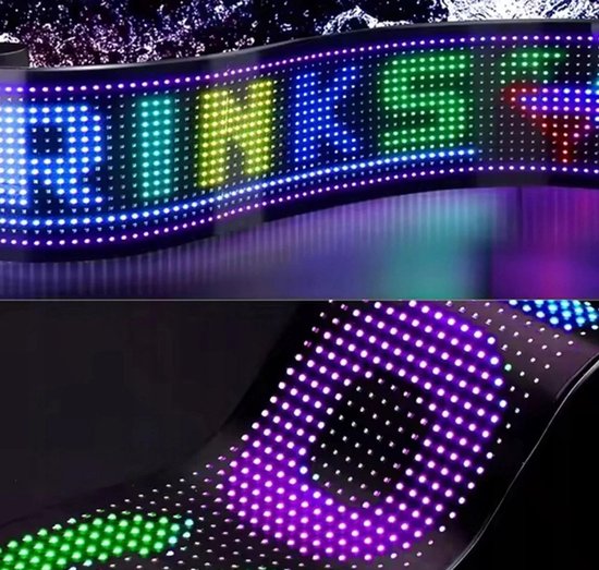 Detailopnames van flexibele led-panelen met de tekst DRINKS en paarse pixelpatronen.