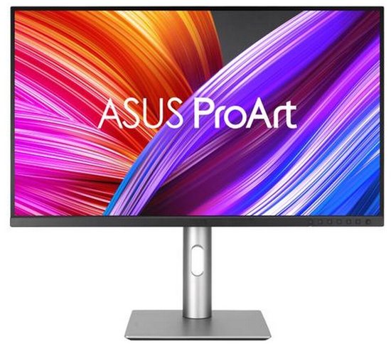 ASUS ProArt monitor met kleurrijk scherm, zilverkleurige voet en dunne randen.