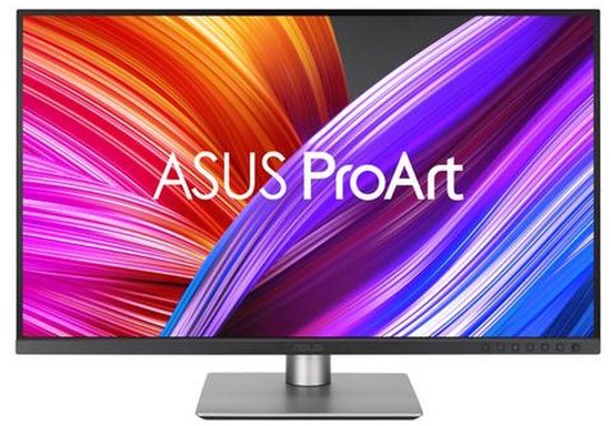 ASUS ProArt 27-inch 4K-monitor met een kleurrijk, abstract schermontwerp en zilverkleurige voet.