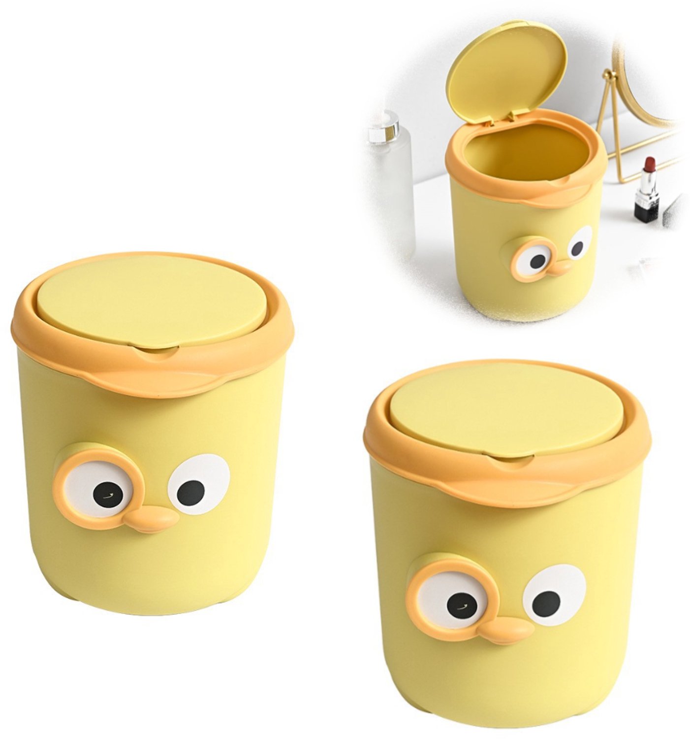 Set van 2 – Bureau-afvalbakje – Opbergbakje voor op het aanrecht – Schattig dierenontwerp – Deksel met drukmechanisme – Geschikt voor klaslokalen, kantoren, slaapkamers, woonkamers, keukens (Geel – 15 x 17 x 12 cm)