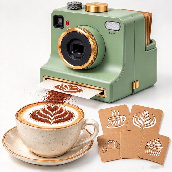 Groene camera-vormige koffieprinter met herbruikbare stencils voor latte art op een kop cappuccino.