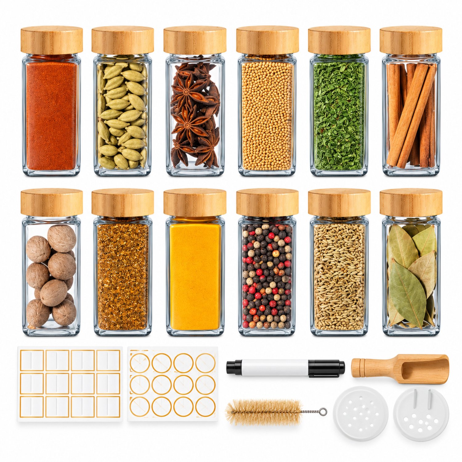Noventra Kruidenpotjes Set – 12 Glazen Kruidenpotjes van 120 ml met Bamboe Deksel – Kruidenhouder – Kruidenpotjes met Strooidoppen – Inclusief Etiketten, Marker, Schepje en Schoonmaakborstel