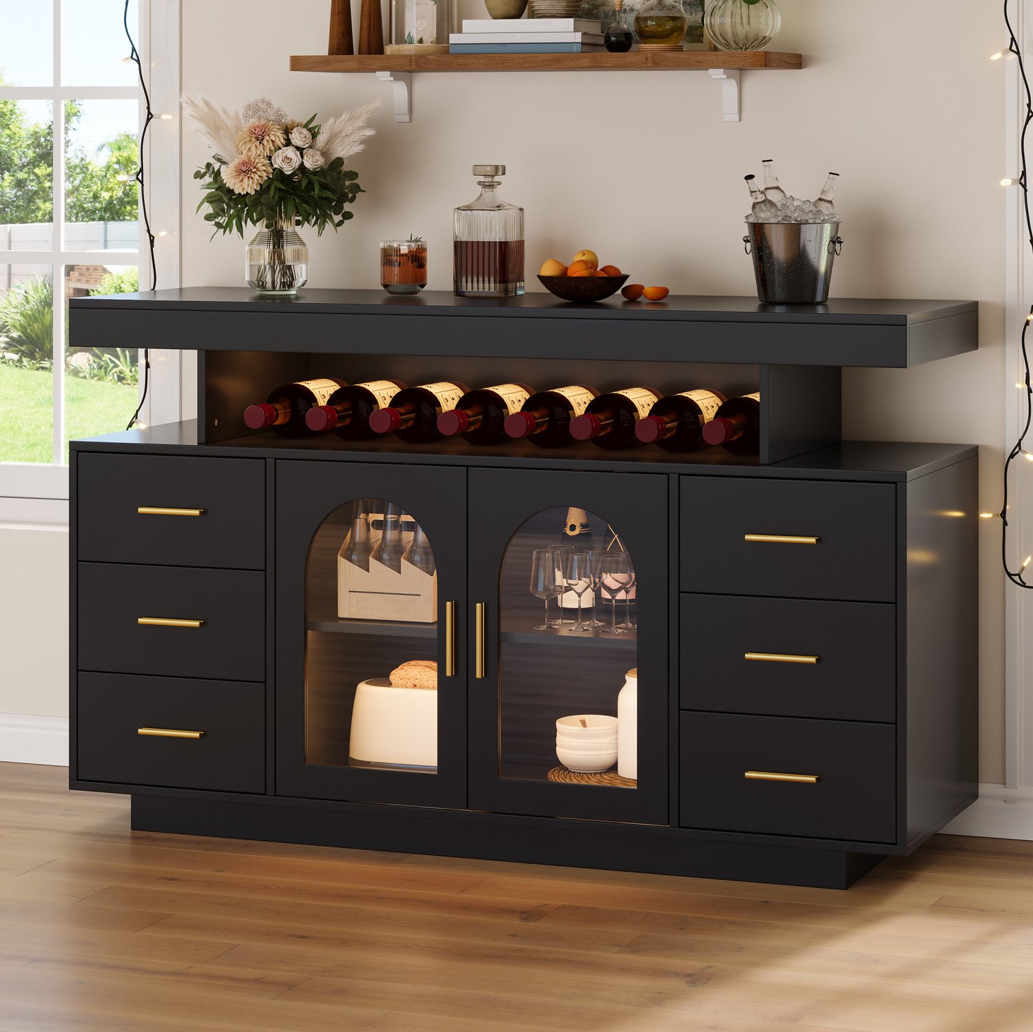 STILVORA Wijnkast - Ledverlichting Met 6 Lades En 2 Glazen Deuren - Voor Keuken En Eetkamer - MDF - 140 x 40 x 82 cm - Zwart