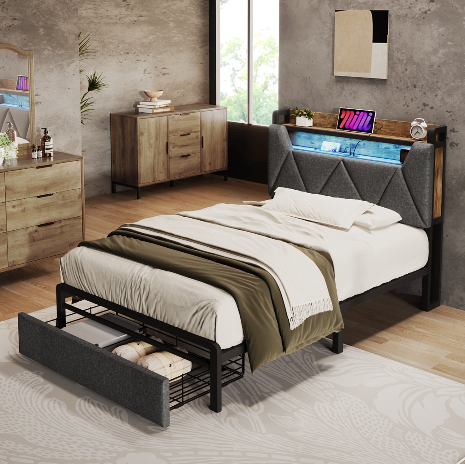 Maisentiel Eenpersoonsbed 90x200 cm met LED, USB-C, opberghoofdbord en lade - grijs