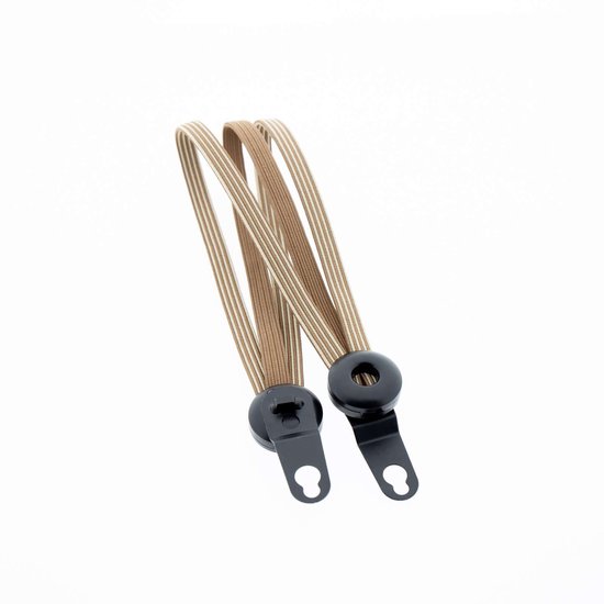 Bruin-beige gestreepte Widek snelbinders voor kinderfiets met zwarte kunststof bevestigingshaken.